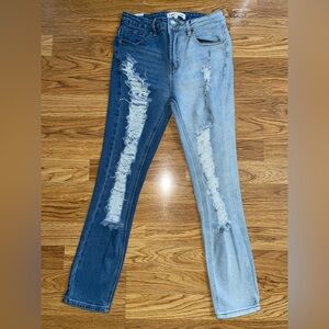 Almost Famous Skinny Jeans Juniors Size 1 Distressed Open Holes Light Dark Wash